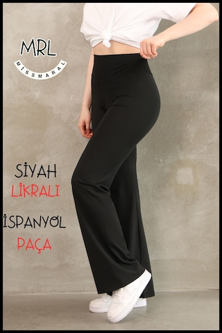 Kadın Siyah Yüksek Bel Toparlayıcı Tayt Pantolon Ispanyol Paça Likralı Esnek Dalgıç Kumaş 1040 SiYAH