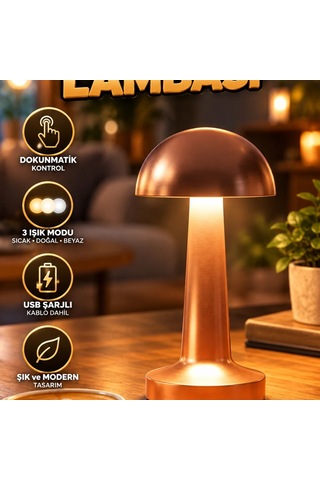 Bronz Led Masa Lambası 3 Işık Modlu Dokunmatik Ve Usb Şarjlı Renkli