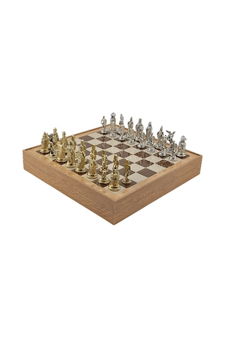 Gifthome Büyük Boy Metal Osmanlı-bizans Satranç Takımı Parlak Ve Rustik Desenli Sandıklı Mdf Tahtası 36x36 Cm.