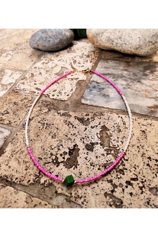 GOLD KAPLAMA ASORTİ DOĞALTAŞ PEMBE BONCUK KOLYE-KOL123 Bakır