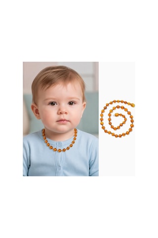Soft Bal Rengi Doğal Damla Kehribar Taşlı Bebek Diş Kolyesi Bal Rengi