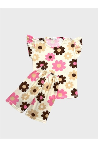 Aliş Kids Kız Çocuk Pamuklu Bej Rengi Papatya Desenli Kolları Fırfırlı Kısa Kollu Şortlu Yazlık Pijama Takımı