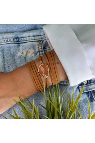 Doğal Akik Taşı Süet Wrap Bileklik Kahverengi