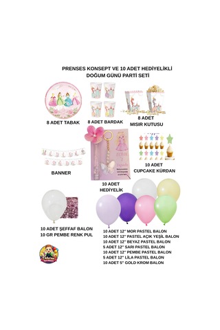 Prenses Temalı Doğum Günü Parti Süsleme Seti Makaron Balon, İyi Ki Doğdun Yazısı Tabak Bardak 10 Adet Hediyelikli Çok Renkli