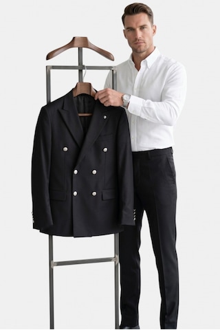 Deep Sea Deepsea Erkek Siyah Slim Fit Kruvaze Takım Elbise Likralı Çizgili Dokulu Metal Düğmeli 2600820