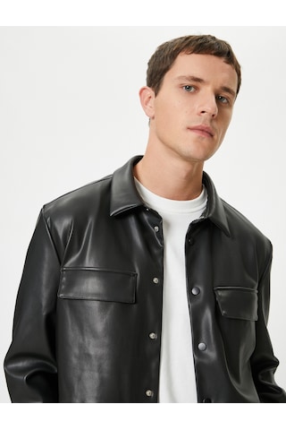 Koton Suni Deri Ceket Gömlek Yaka Çıt Çıt Düğmeli Kapaklı Çift Cep Slim Fit Siyah 5wam20117hw Siyah