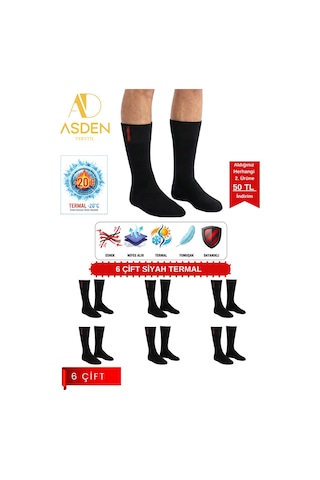 Asden 6 Çift Termal Erkek Çorap Ekstra Kalın Havlu Premium Pamuklu Burun Dikişsiz Kısa Konç Siyah 6çiftsiyahtermal