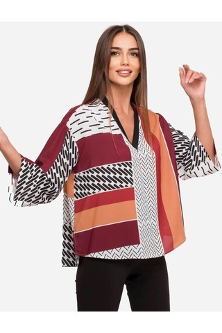 Kadın Geometrik Desenli Blok Renkli Bluz Frn1103 Kırmızı
