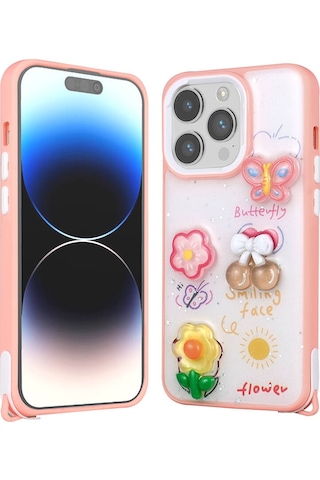 Nourthkiingdom Apple Uyumlu iPhone 14 Pro Kılıf Parlayan Simli Kabartma Figürlü Nrtk Cevze Kapak - Pembe Pembe
