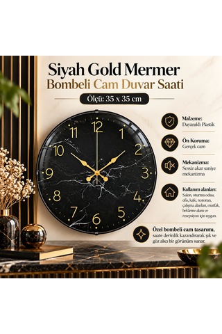 Almira Duvar Saati Siyah Gold Mermer Bombeli Cam Duvar Saati 35 Cm Gold - Siyah