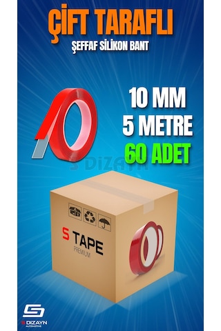 S-dizayn Çift Taraflı Bant 10mm X 5 Metre Şeffaf Silikon Vhb Bant 60'lı Koli A+kalite 10 MM x 5 M