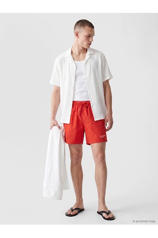 Lcw Swımwear Kırmızı Kısa Boy Baskılı Erkek Deniz Şortu