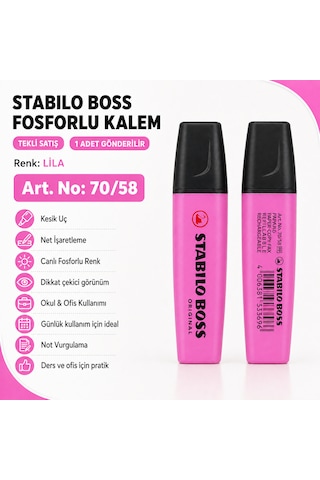 Boss Fosforlu Kalem 1 Adet Metin İşaretleme Kalemi Lila