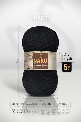 Süper İnci - 217 Siyah - 5'li Paket - 100gr/260m - El Örgü İpi - Atkı Yelek Kazak İpi