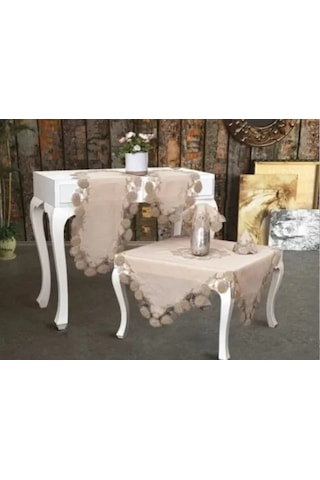 Salon Takımı 5 Parça Keten Dantelli Masa Örtüsü Runner Seti Çeyizlik Flowers Model No 9964 Kapiçino Çok Renkli
