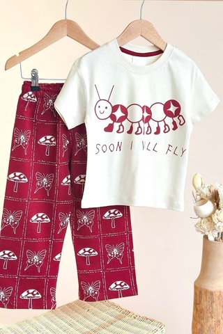 Monila Kız Çocuk Pamuklu Tırtıl Baskılı T-shirt Ve Bordo Baskılı Eşofman Alt Üst Takım Ekru/bordo