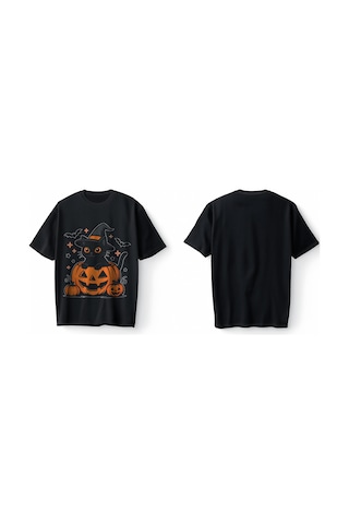 Bumeta Halloween Kedi Bal Kabağı Pumpkin Oversize Unisex Tişört T-shirt Siyah