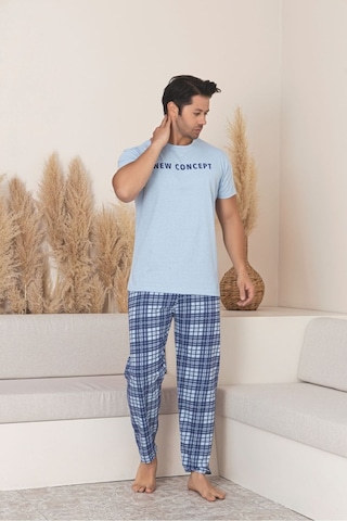 Sude Homewear Erkek Ekoseli Kısa Kol Pijama Takımı Mavi