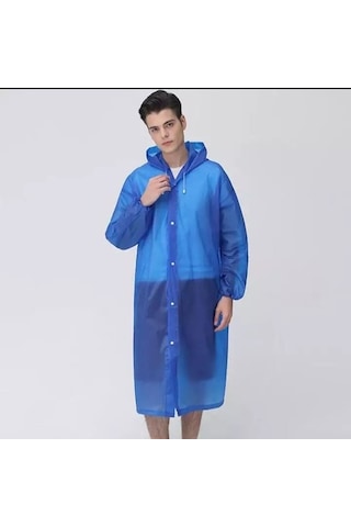 Unisex Kadın Ve Erkek Yağmurluk %100 Eva Çıtçıtlı Kapüşonlu Mavi
