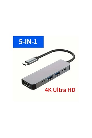 Boatshop1 Gri Alüminyum Alaşım 5i 1 Arada Tipc Hdtv Adaptörü Usb 30 20 Pd Şarj Dizüstü Bilgisayar 4k 60hz Kompakt 95 Cm