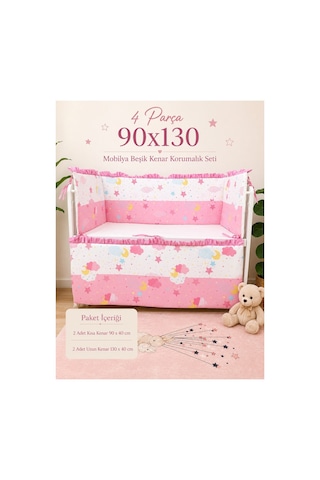 90x130 Mobilya Beşik Koruma Seti - 4 Parça Rüya Serisi Pembe Fırfırlı