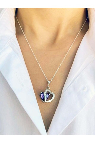 Brezza Lusso Jewelry Gümüş Kolye Ametist Taşı Kalp Kadın Kolye 45 CM
