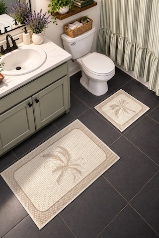 Sakura Sk012a Doğal Pamuk 2'li Banyo Paspas Seti 60x100 60x50cm Kaymaz Taban Makinada Yıkanabilir Krem-bej