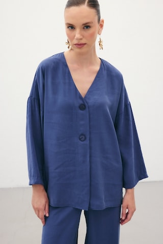 Sateen Düğmeli Kimono - İndigo-136358 İndigo