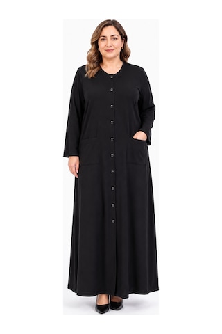 Bihan Store Kadın Önü Düğmeli Torba Cepli Tam Boy Uzun Kollu Sıfır Yaka Dış Giyim W27-8006 - Siyah