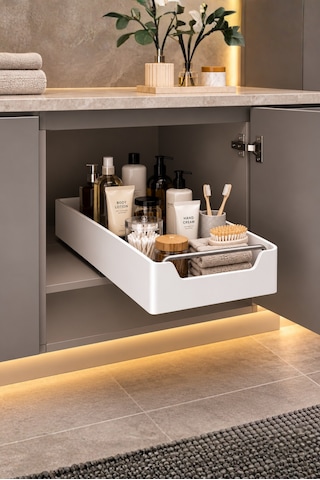 Büyük Boy Çok Amaçlı Raylı Dolap İçi Çekmece Organizer Sürgülü Mutfak Banyo Kiler Düzenleyici Organizer 1 Adet Bej
