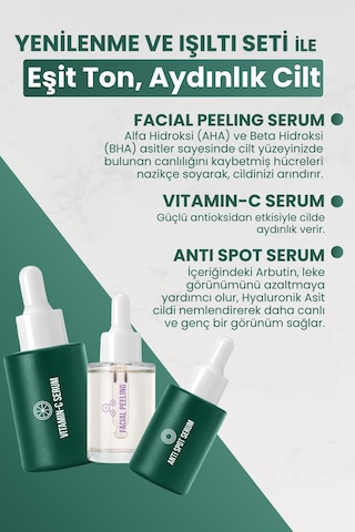 Aydınlatıcı Bakım Seti - C Vitamini, Kırmızı Peeling Ve Leke Serumu 3'lü Rutin