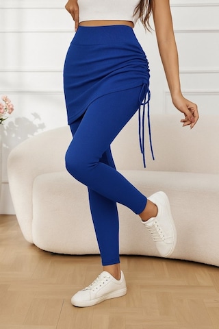 Moderie Butik Kadın Yüksek Bel Yandan Büzgülü Alttan Uzun Kaşkorse Tayt Etek Saks Mavi