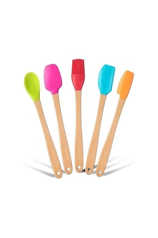 Zhlhome Renkli Bambu Saplı Silikon Uçlu Spatula 5li Set Ahşap