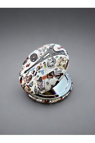 Işıltılı Karışık Desenli Çift Taraflı Yuvarlak Cep Çanta Makyaj Aynası 7cm Çap Kod:3 Çok Renkli