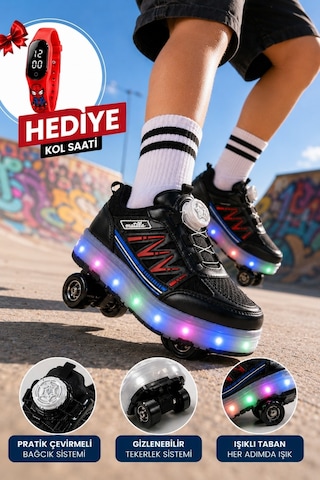 Muggo Skate Çocuk Işıklı Patenli Tekerlekli Sneaker Spor Ayakkabı Siyah - Kırmızı