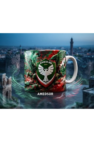Amed Spor Yeşil Kırmızı Kaliteli Kupa Bardak Taraftara Özel Hediyelik Beyaz