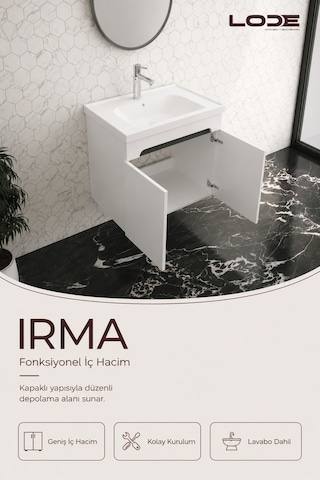 Lode Bath Irma Serisi Lavabolu Alt Banyo Dolabı, Kapaklı Banyo Alt Dolabı,seramik Lavabo Dahil 60 Cm Matbeyaz