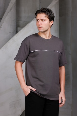 Erkek Garnili Şeritli Oversize Bisiklet Yaka 2 İki İplik Kompakt T-shirt Kahverengi