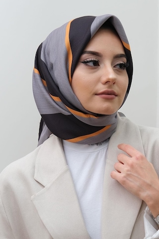 Afvente Çizgili Desen Gri Pamuk Eşarp