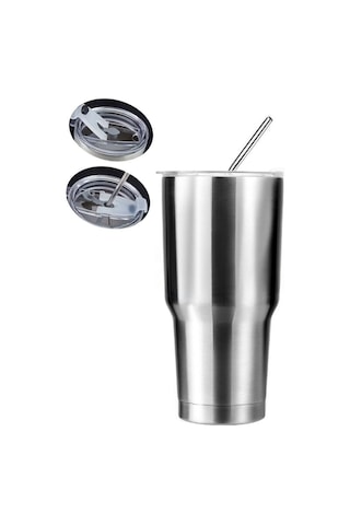 304 Çelik 900 Ml Tek Kapak Çift Kullanım Pipetli Soğuk İçecek El Termos Mug Gri