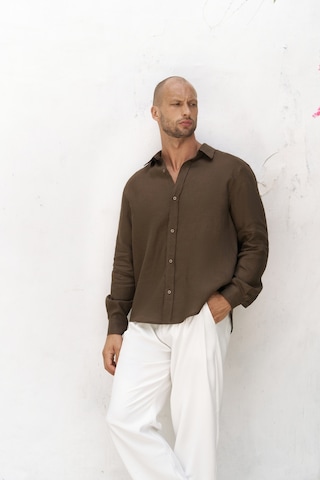 Mai Collection Mai Studios Co. Bice Kahve Keten Oversize Erkek Gömlek Kahve