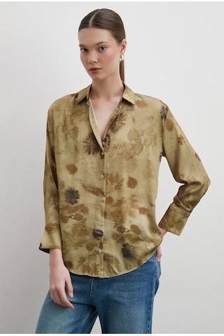 Kadın Uzun Kol Desenli Renkli Pamuk Saten Premium Kalite Spor Şık Gömlek Haki