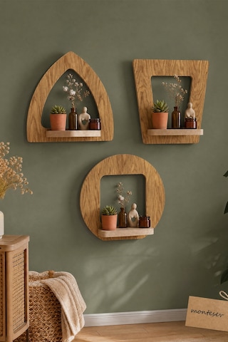 Ahşap Dekoratif Duvar Rafı 2 Li / 3 Lü Set Mtsv - 641 Kahverengi