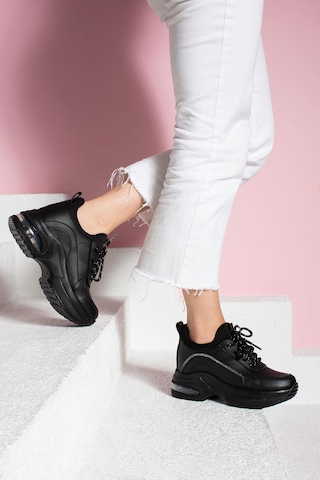 Shoetek Mariangeles Kadın Sneakers Bağcıklı Taşlı Spor Ayakkabı Siyah Deri Siyah