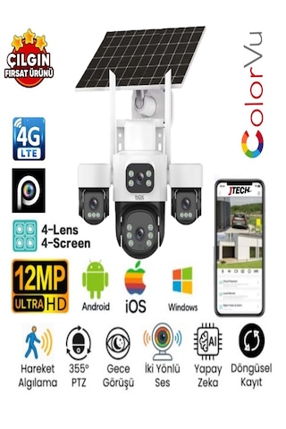 Inox X14 3mp+3mp+3mp+3mp 12mp 4g E-sim Kartlı 2xsolar Panelli 4 Lens 1 Ptz Akıllı Kamera