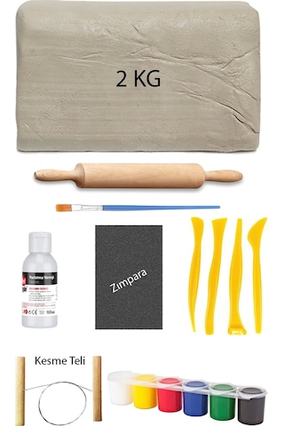 Beyaz Seramik Hamuru 2 Kg Kil Ebeşuar Seti 6x15 Ml Akrilik Set 100 Cc Vernik Ahşap Merdane Zımpara