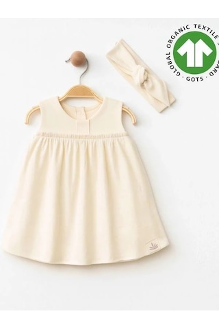 Zekids Kız Bebek Organik Pamuklu Bandanalı Kolsuz Elbise-15906 Krem