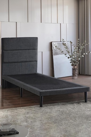 Niron Slim Baza Ve Başlık Takımı 90x190 Tek Kişilik Gri Kumaş Kaplı Metal Karyola Ve Başlık Seti