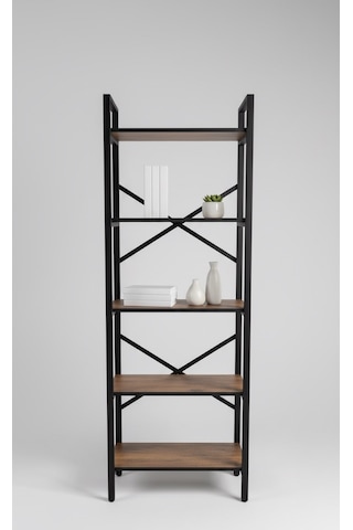 Modern 5 Raflı Kitaplık Geniş Metal Kitaplık Dosya Rafı Ofis Salon Raf Ceviz Ceviz - Siyah