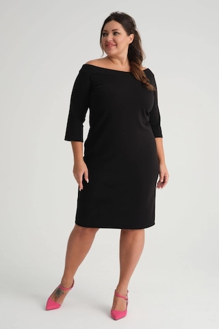 Kadın Siyah Carmen Yaka Truvakar Kol Büyük Beden Esnek Krep Elbise-siyah Siyah